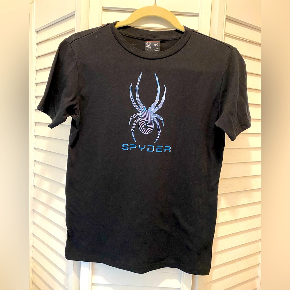 SPYDER Boy’s “Short Sleeve T-Shirt” Size Medium (10/12) Black/Blue Logo EUC